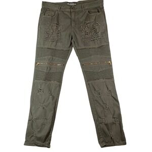 Focus Brand Jeans Mens 40x34 Biker Pants Olive Green Distressed Moto Zippers